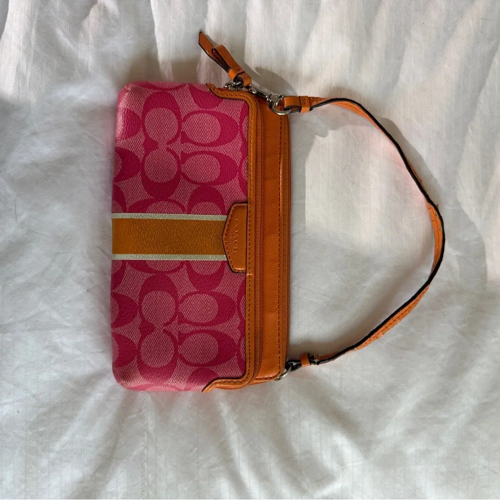 Coach Signature Stripe Double Zip Wristlet | Orange and Pink - Picture 12 of 15